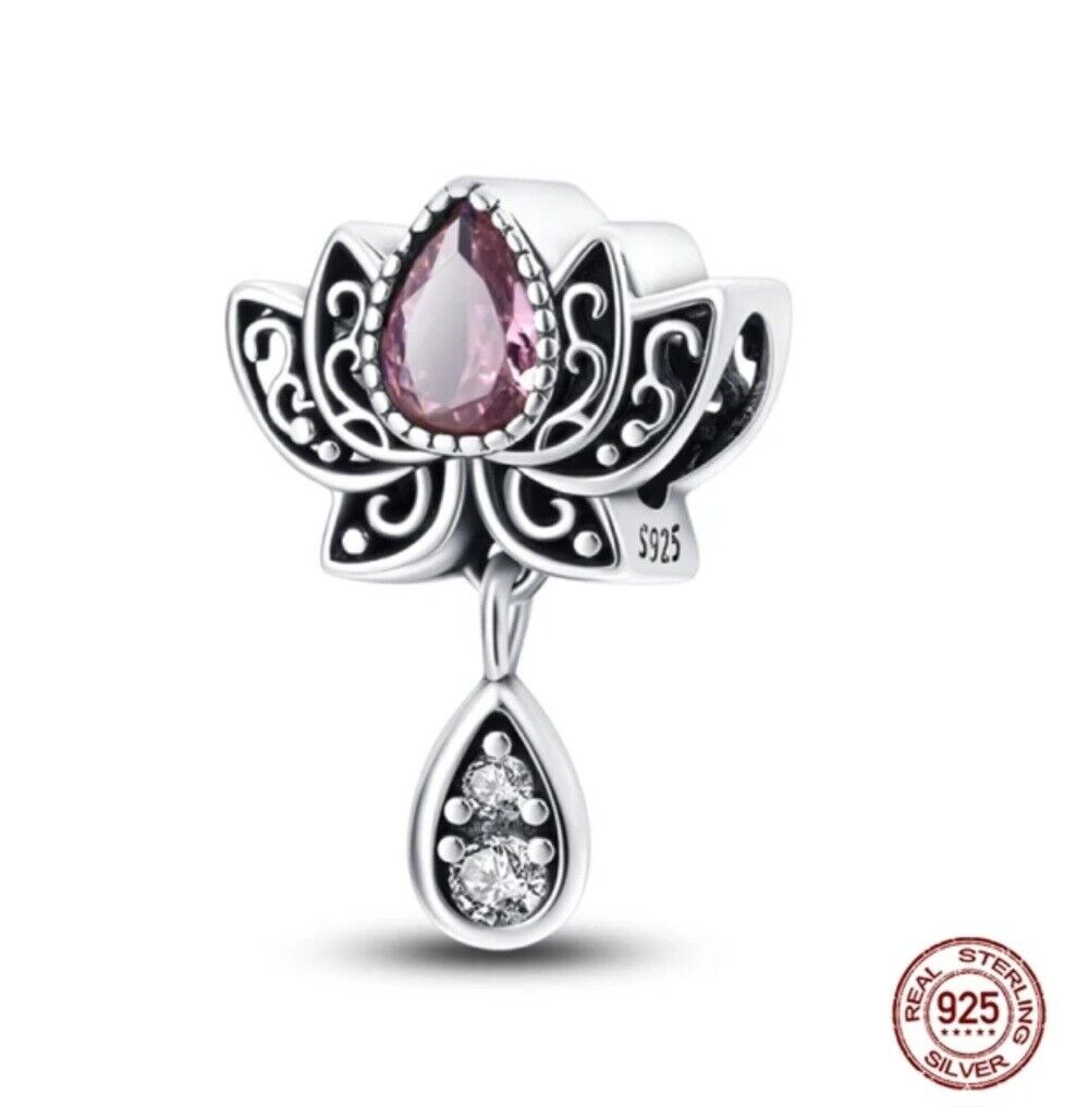 Lotus Flower With Pink Teardrop Zirconia Charm
