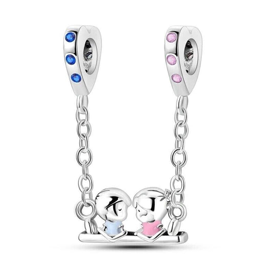 Safety Chain Girl & Boy On Swing Heart Charm