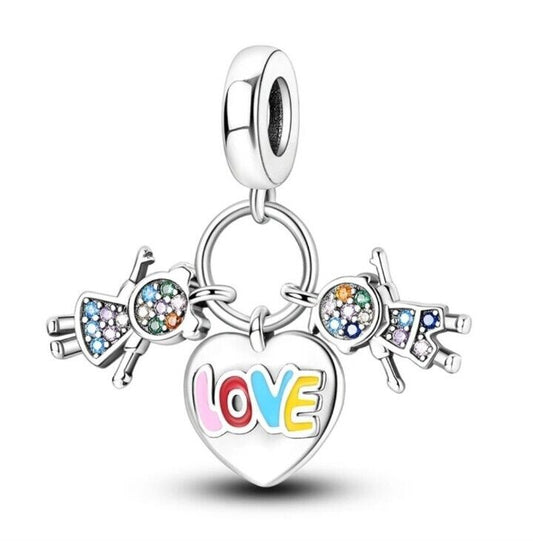 Heart Love Zirconia Boy and Girl Dangle Charm