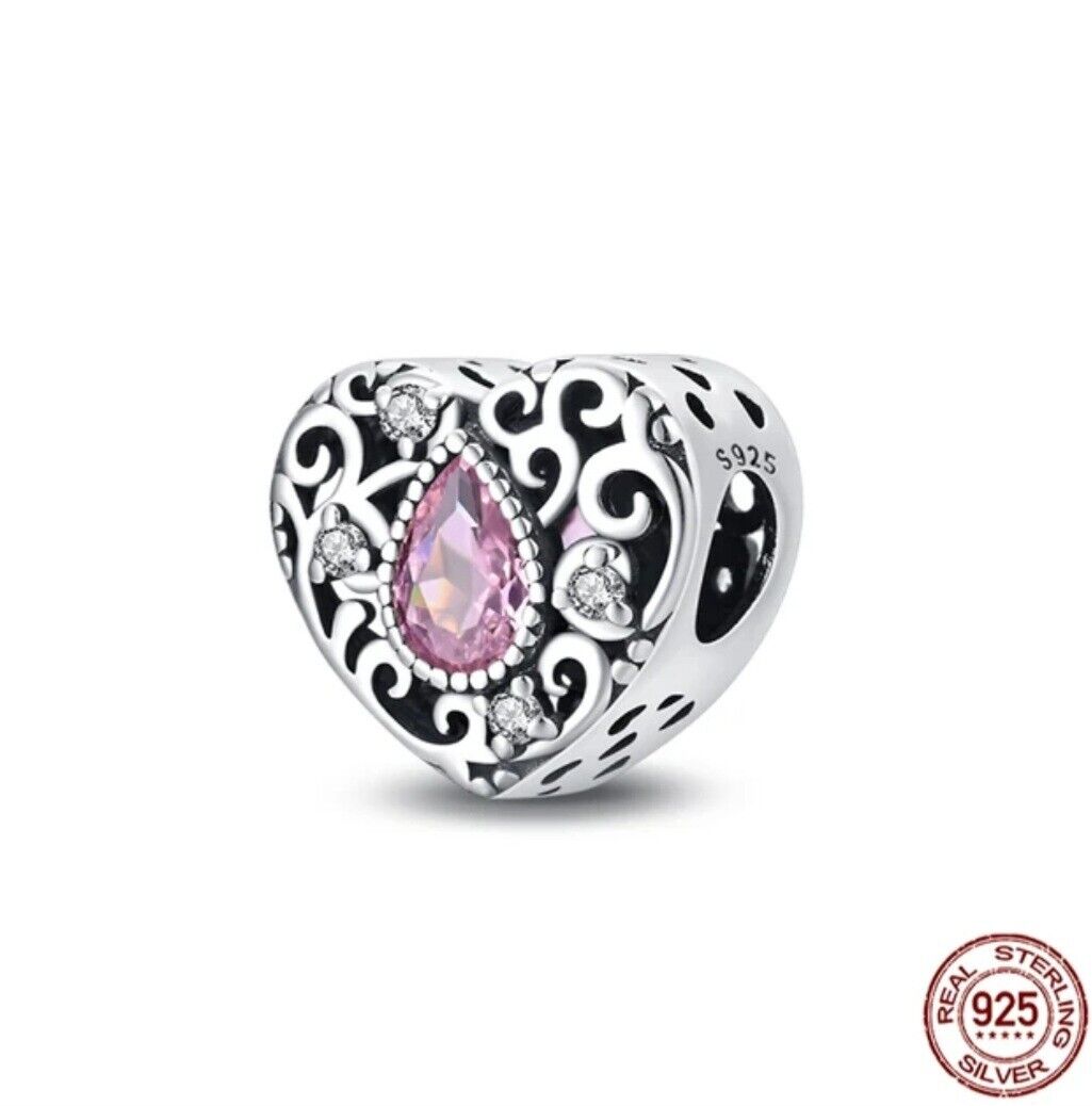 Heart With Pink Teardrop Zirconia Charm
