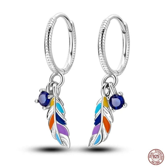 Hoop Earrings Multicoloured Dangle Feather With Blue Zirconia