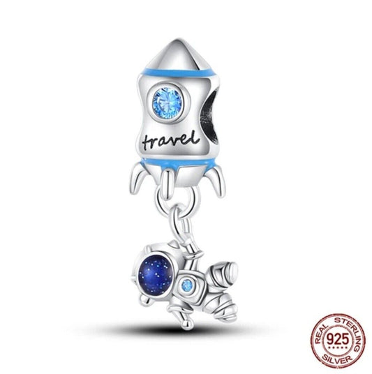 Spaceship Rocket Astronaut Blue Zircon Dangle Charm