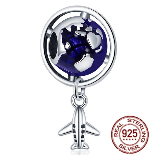 Travel Airplane Blue Globe Earth Dangle Charm