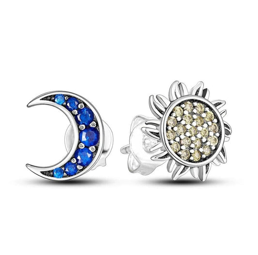 Stud Earrings Blue Zirconia Moon & Yellow Sun