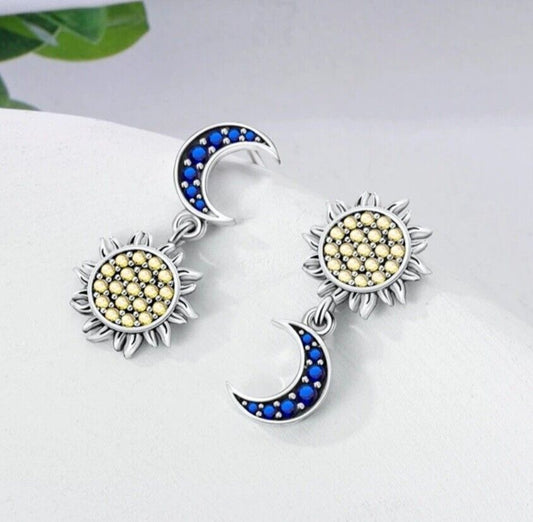 Dangle Earrings Blue Zirconia Moon & Yellow Sun