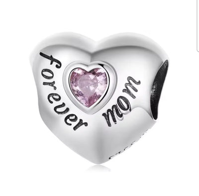 Silver Forever Mom heart charm with pink crystal center for charm bracelet gift