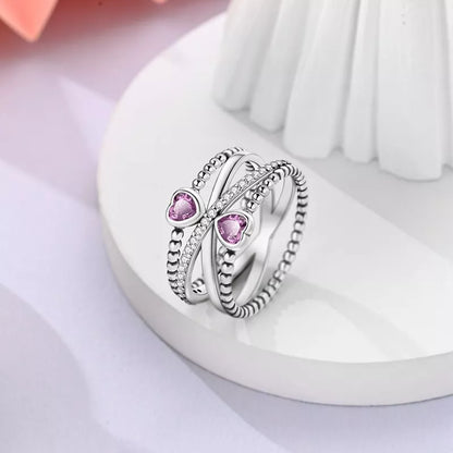 Crossover Ring With Cubic Zirconia Pink Hearts