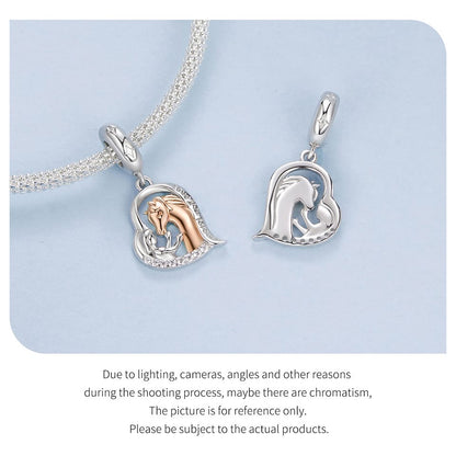 Sterling silver and rose gold girl and horse heart dangle charm with “Love You Forever” engraving 925 equestrian bead