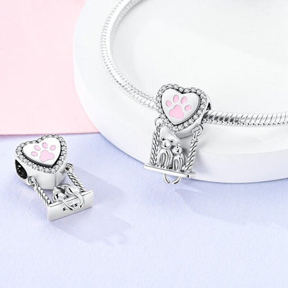 Cats On A Swing Heart Dangle Charm