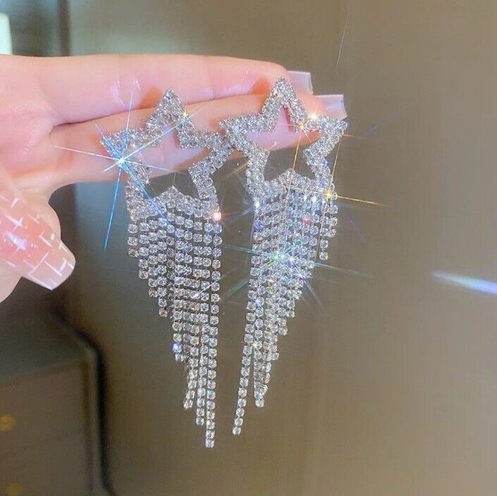Fashion Cubic Zirconia Star Tassel Stud Earrings