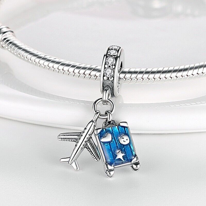 Blue Suitcase & Plane Dangle Charm