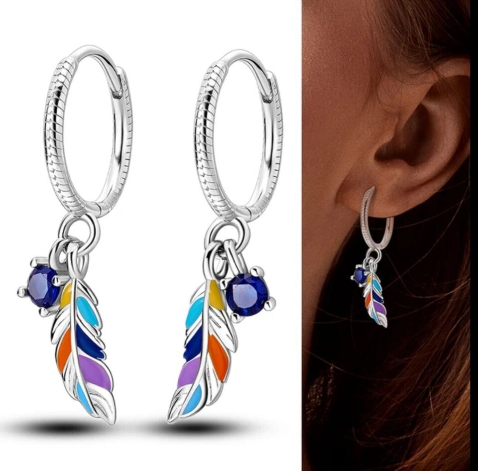 Hoop Earrings Multicoloured Dangle Feather With Blue Zirconia