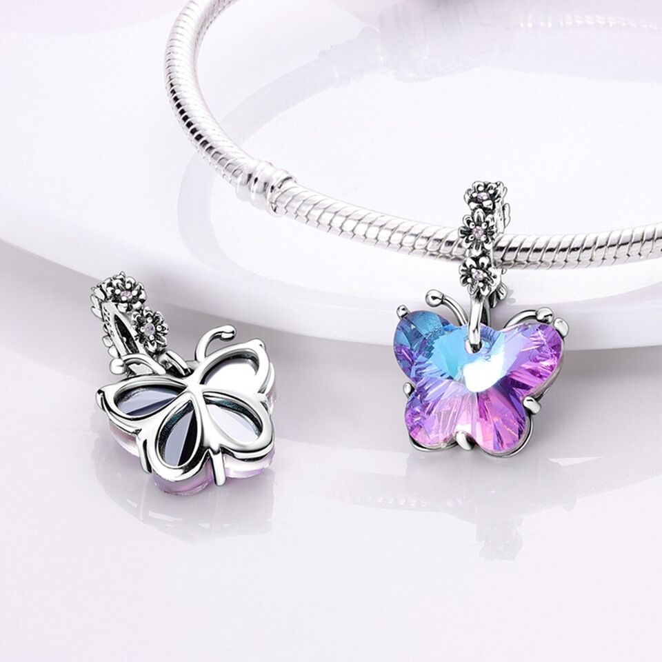 Pink & Blue Crystal Butterfly Dangle Charm