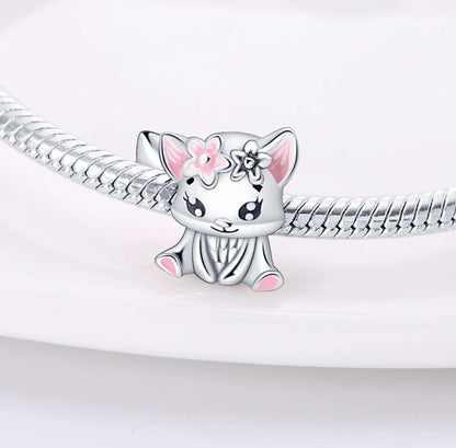 Cat Kitty Pink Flowers Charm
