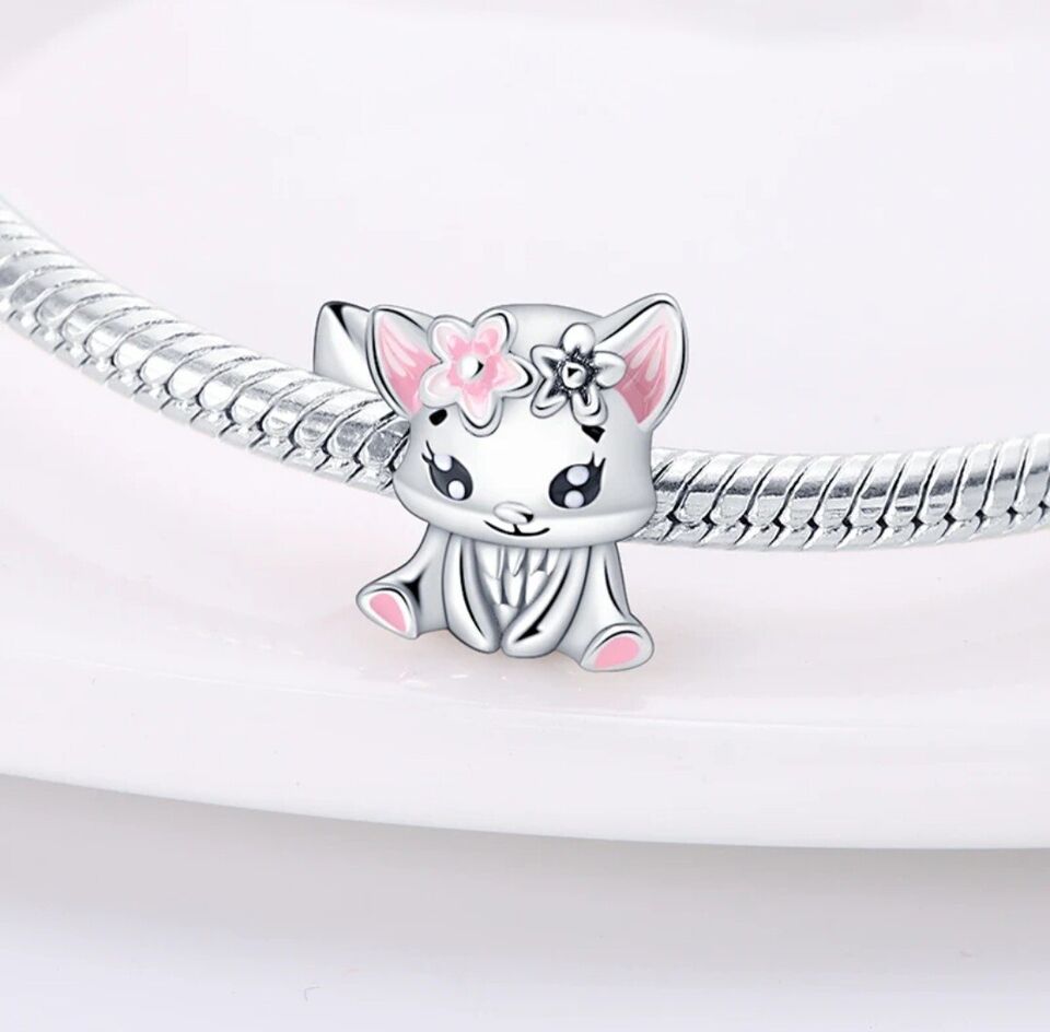 Cat Kitty Pink Flowers Charm