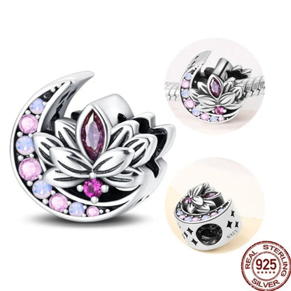 Lotus Flower With Pink Zirconia Moon Charm