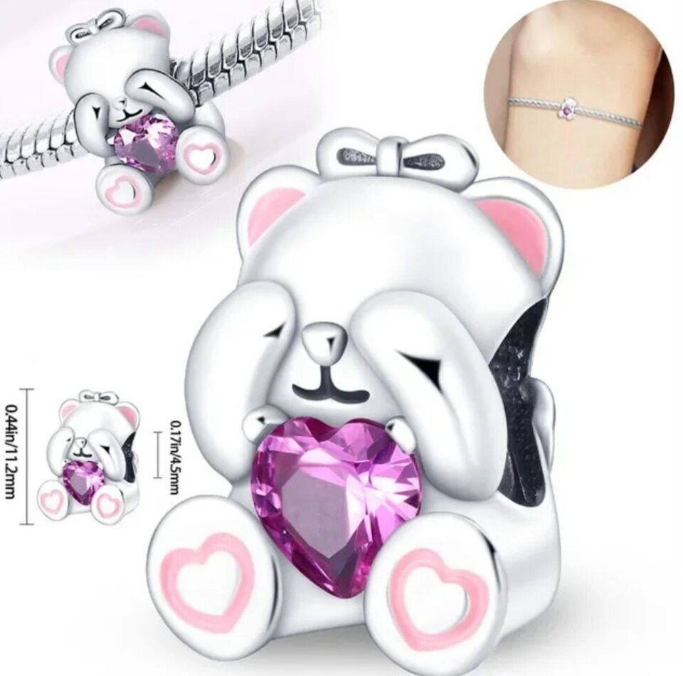 Cute Teddy Bear With Pink Zirconia Heart Charm