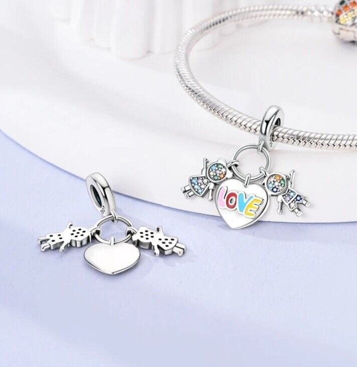 Heart Love Zirconia Boy and Girl Dangle Charm