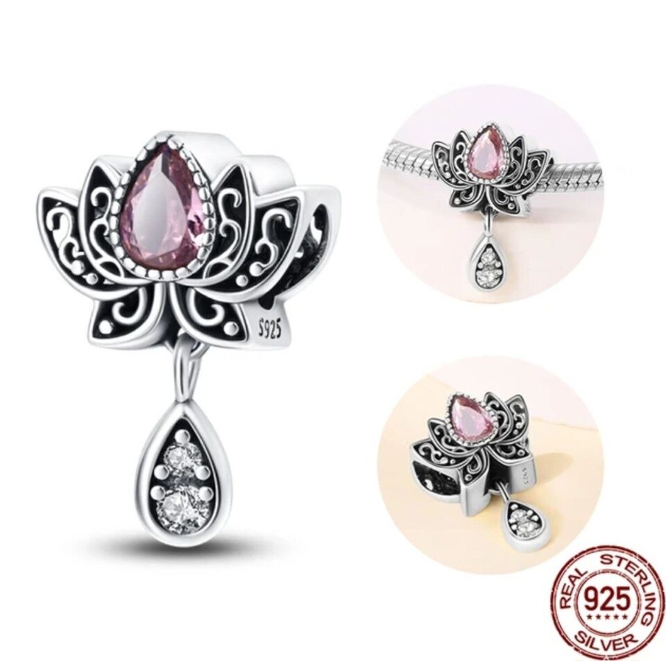 Lotus Flower With Pink Teardrop Zirconia Charm