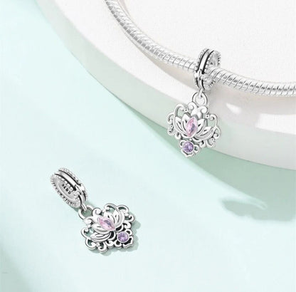 Lotus Flower With Pink Zirconia Dangle Charm