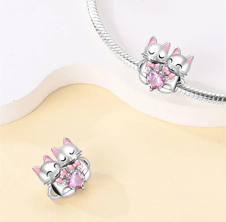 Cute Cats Kittens With Pink Heart Charm