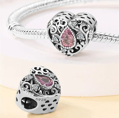 Heart With Pink Teardrop Zirconia Charm