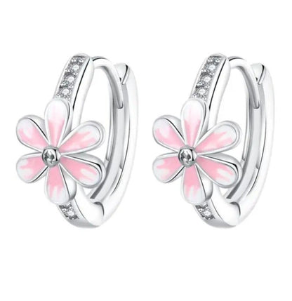 Hoop Earrings Pink Flower With Zirconia