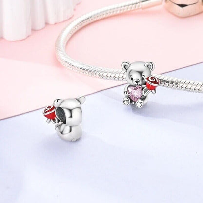 Cute Teddy Bear hold Pink Heart and Rose Flower Charm