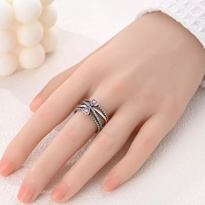 Crossover Ring With Cubic Zirconia Pink Hearts
