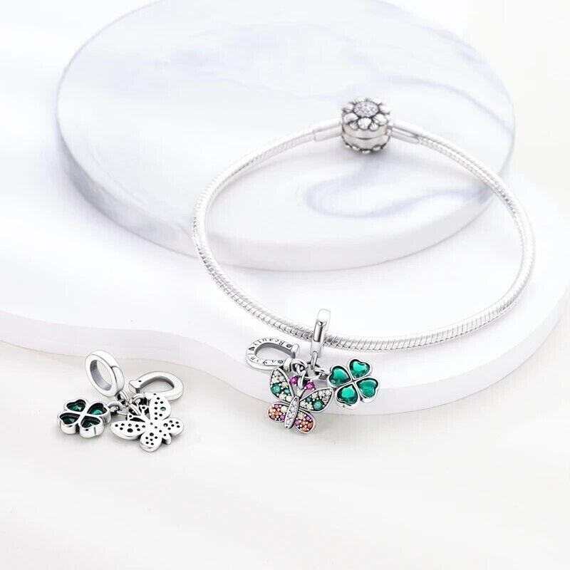 Lucky Horse Shoe & Lucky Clover Zircon Butterfly Dangle Charm