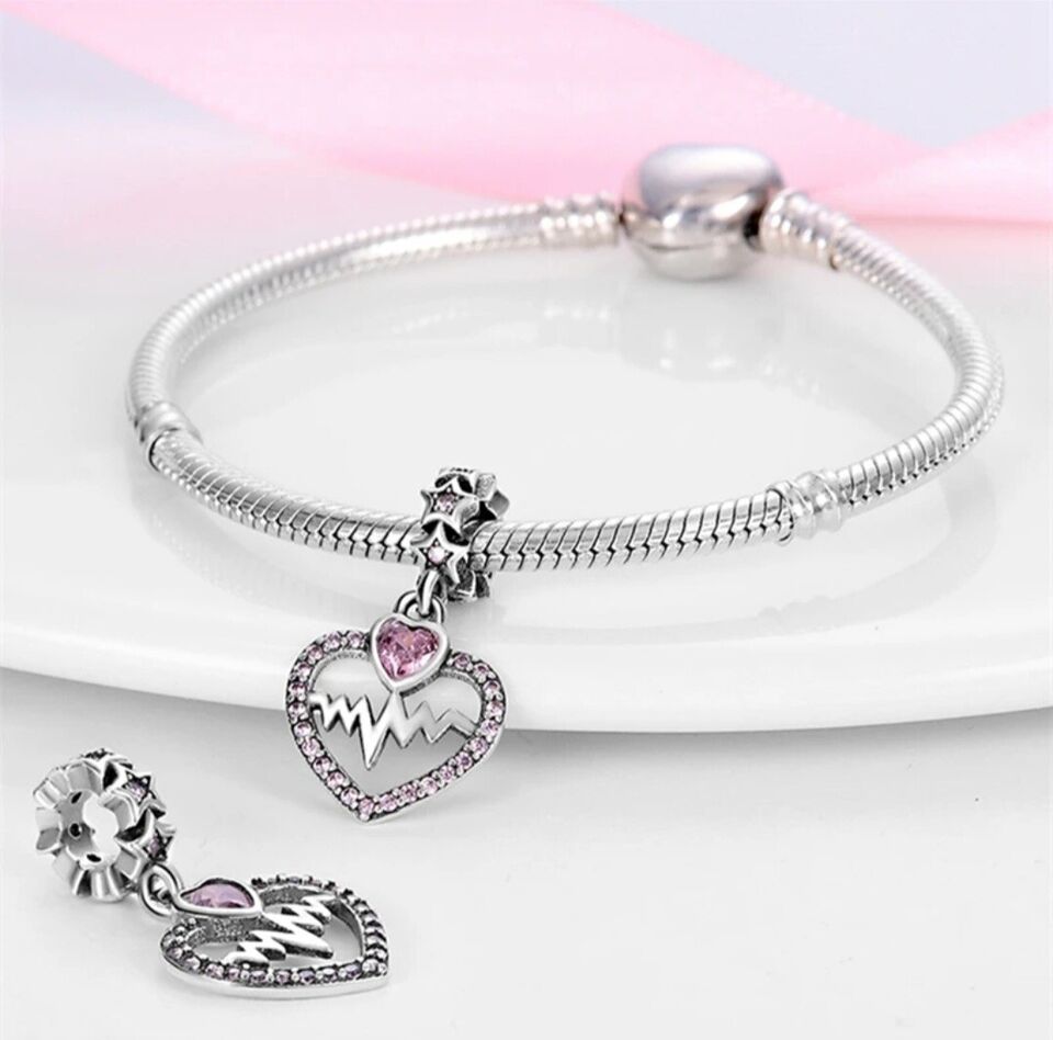 Pink Zirconia Heartbeat Dangle Charm