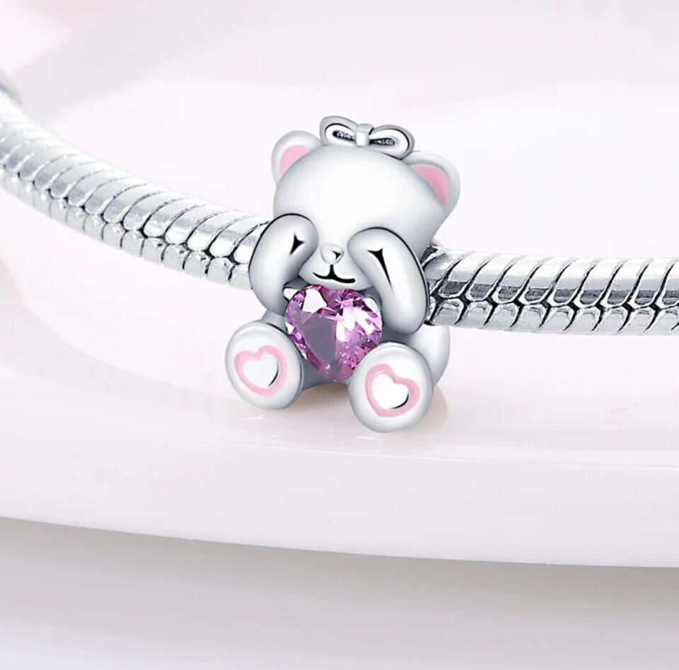 Cute Teddy Bear With Pink Zirconia Heart Charm