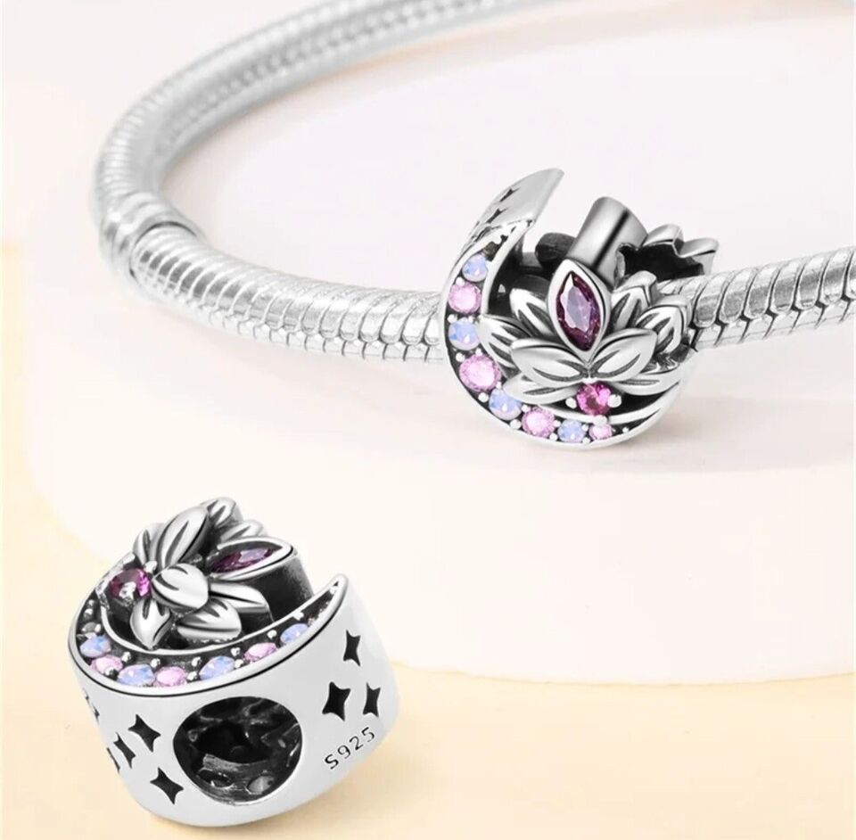 Lotus Flower With Pink Zirconia Moon Charm