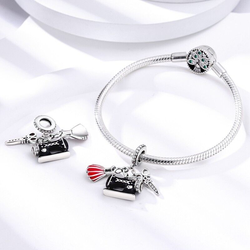 Sewing Machine Dress & Scissors Dangle Charm