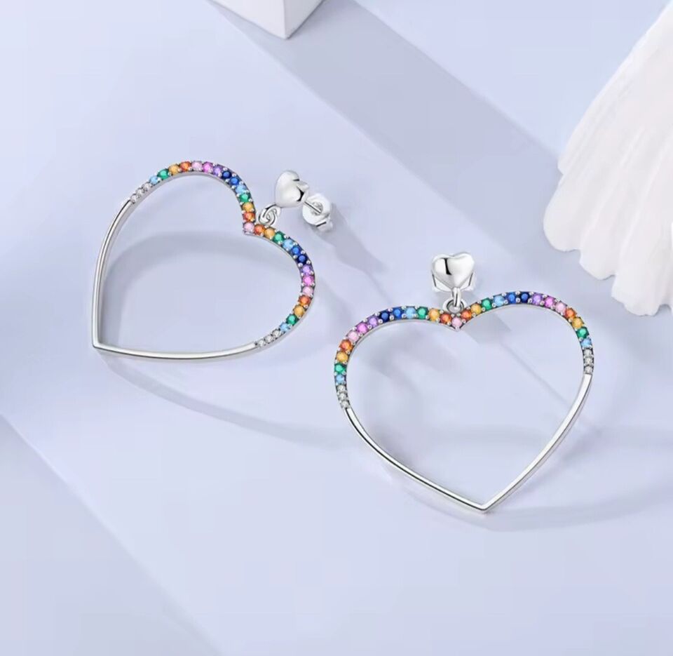 Multicoloured Zirconia Heart Dangle Stud Earrings