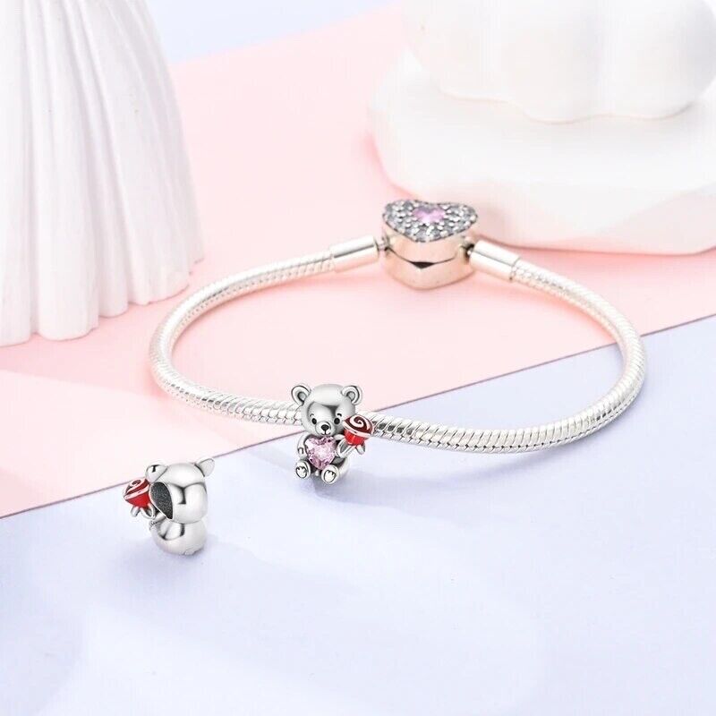 Cute Teddy Bear hold Pink Heart and Rose Flower Charm