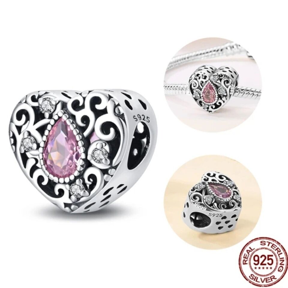 Heart With Pink Teardrop Zirconia Charm