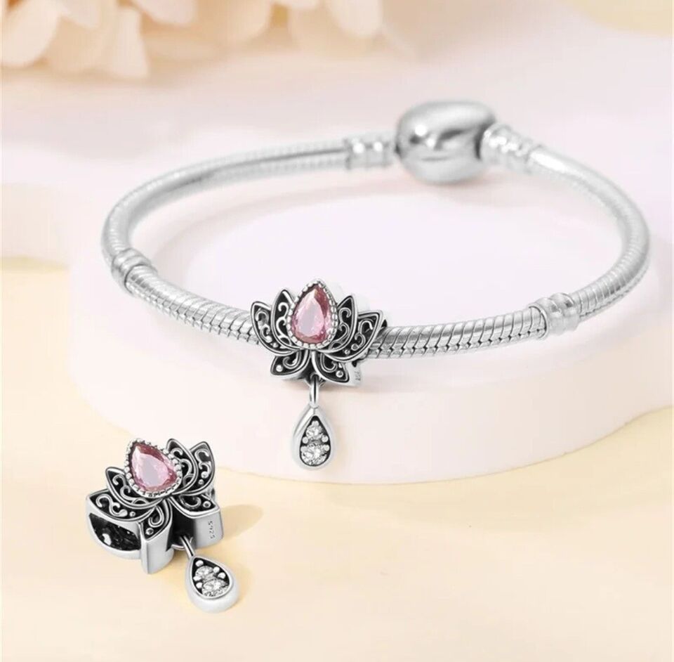 Lotus Flower With Pink Teardrop Zirconia Charm
