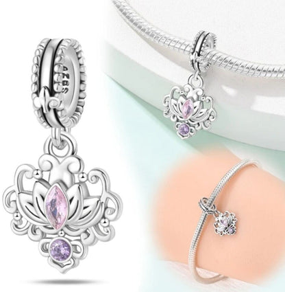 Lotus Flower With Pink Zirconia Dangle Charm