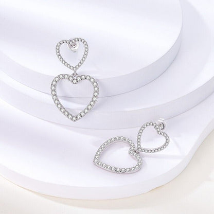 Sparkling Zirconia Two Dangle Hearts Stud Earrings
