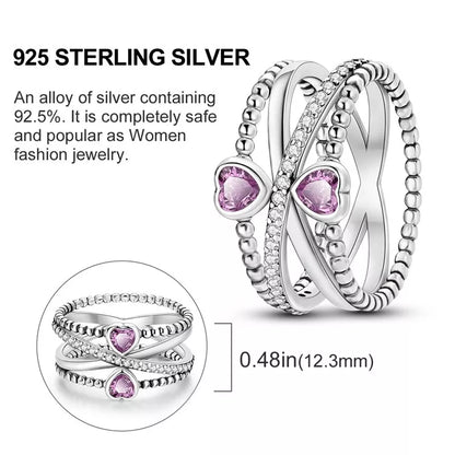 Crossover Ring With Cubic Zirconia Pink Hearts