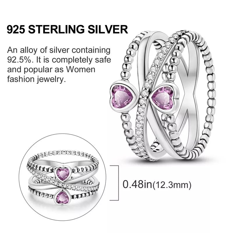 Crossover Ring With Cubic Zirconia Pink Hearts