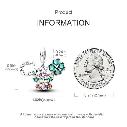 Lucky Horse Shoe & Lucky Clover Zircon Butterfly Dangle Charm