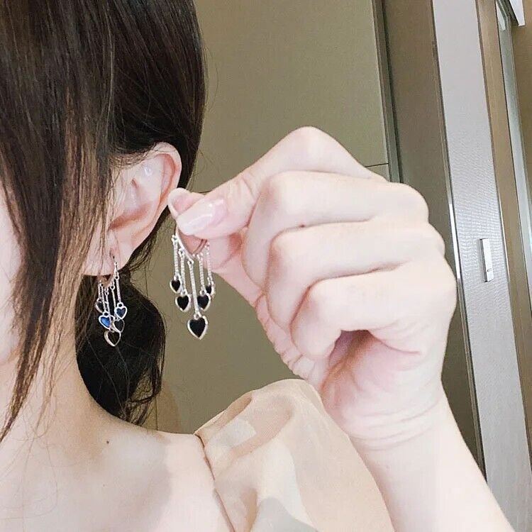 Hoop Earrings Black Dangle Hearts