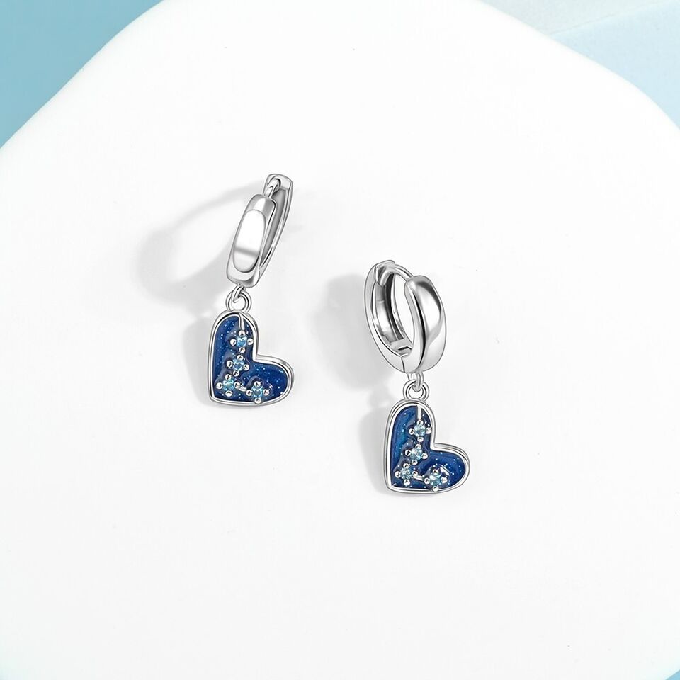 Blue Hearts With Zirconia Dangle Hoop Earrings