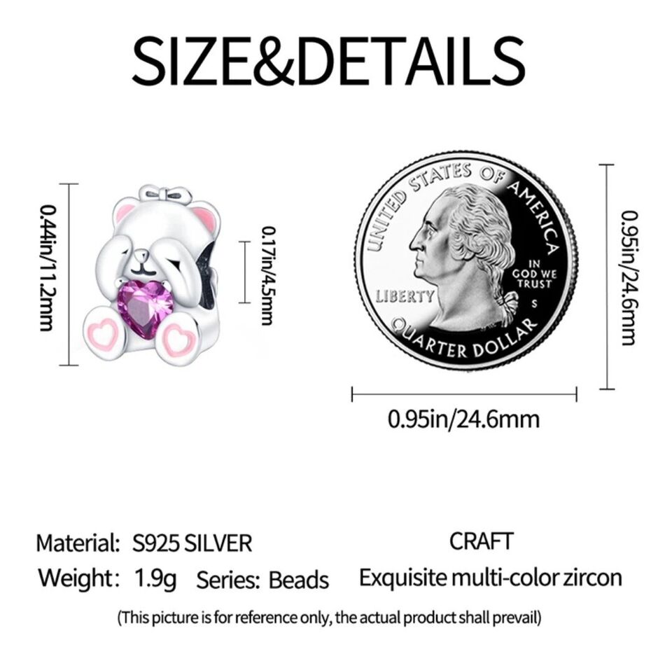 Cute Teddy Bear With Pink Zirconia Heart Charm