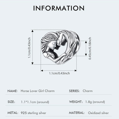 Sterling silver girl and horse heart charm equestrian love bead 925