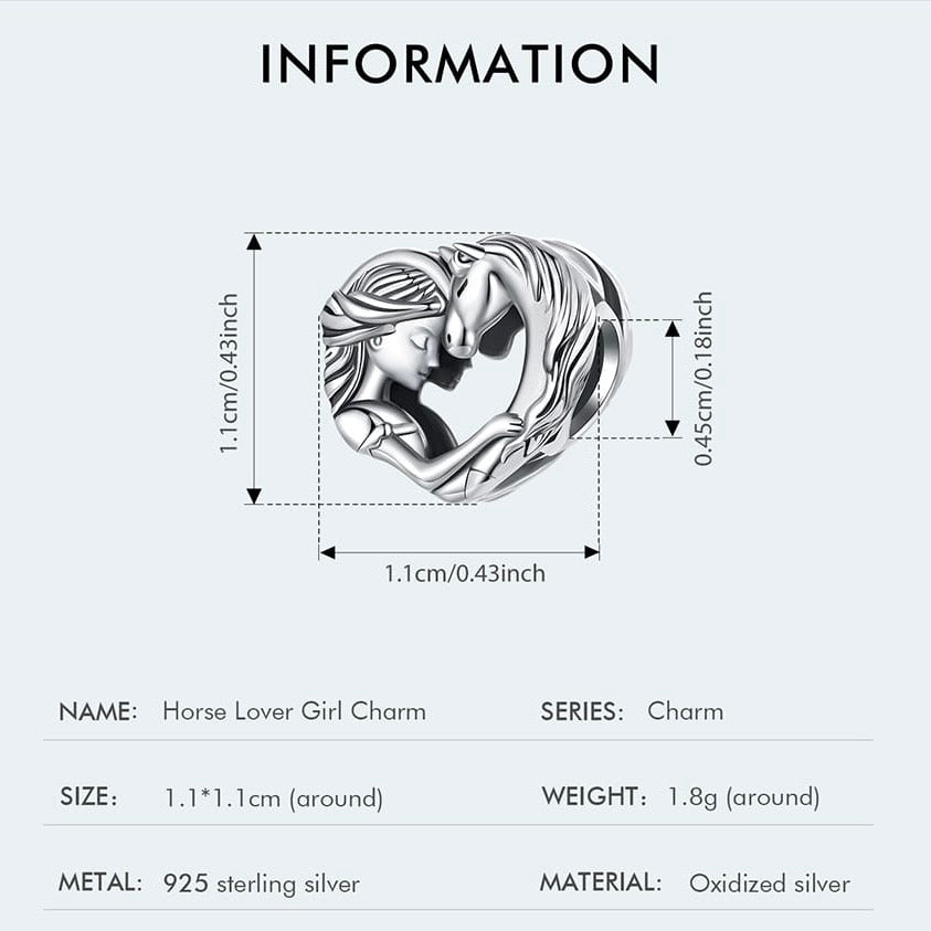 Sterling silver girl and horse heart charm equestrian love bead 925