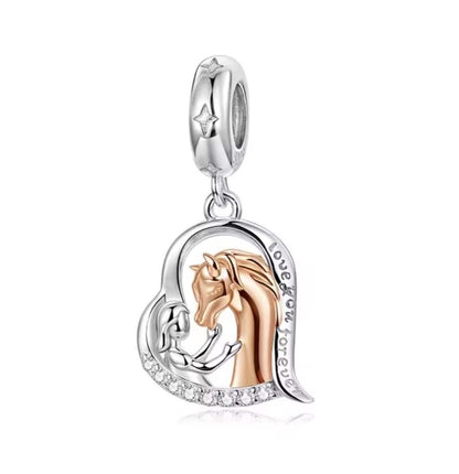 Sterling silver and rose gold girl and horse heart dangle charm with “Love You Forever” engraving 925 equestrian bead