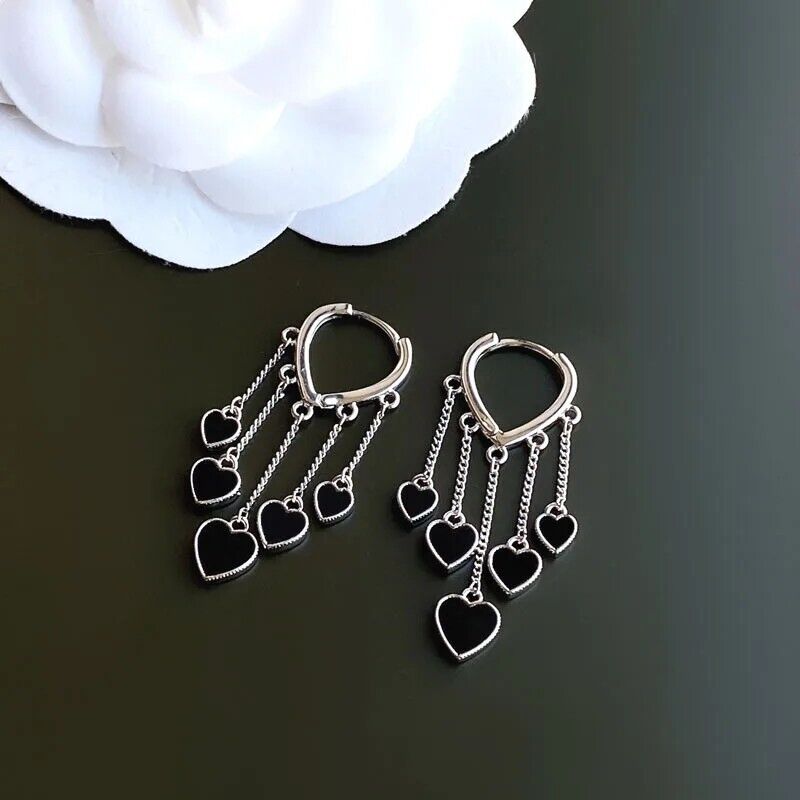 Hoop Earrings Black Dangle Hearts